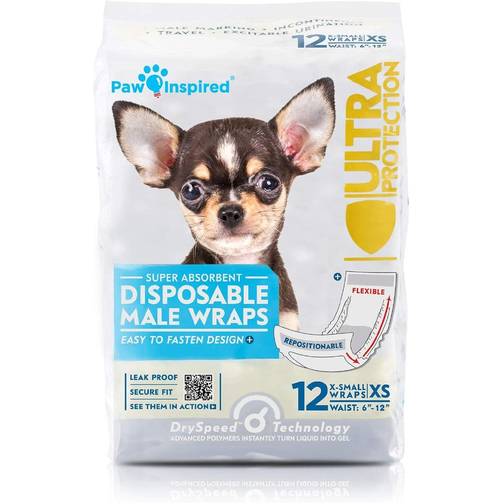Paw Inspired Disposable Male Dog Wraps Ultra Protection Leak Proof Belly Bands For Male Dogs X-Small 12 Count