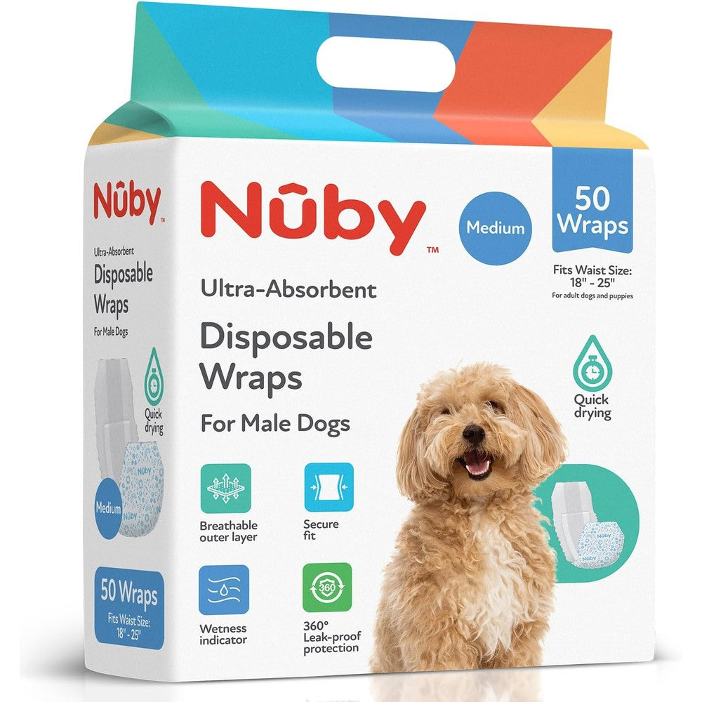 Nuby Pets Disposable Male Dog Wraps With Wetness Indicator Absorbent And Leak Resistant Belly Bands For Male Dogs Medium 18 To 25 Inch Waist 50 Count