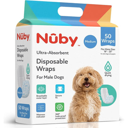 Nuby Pets Disposable Male Dog Wraps With Wetness Indicator Absorbent And Leak Resistant Belly Bands For Male Dogs Medium 18 To 25 Inch Waist 50 Count