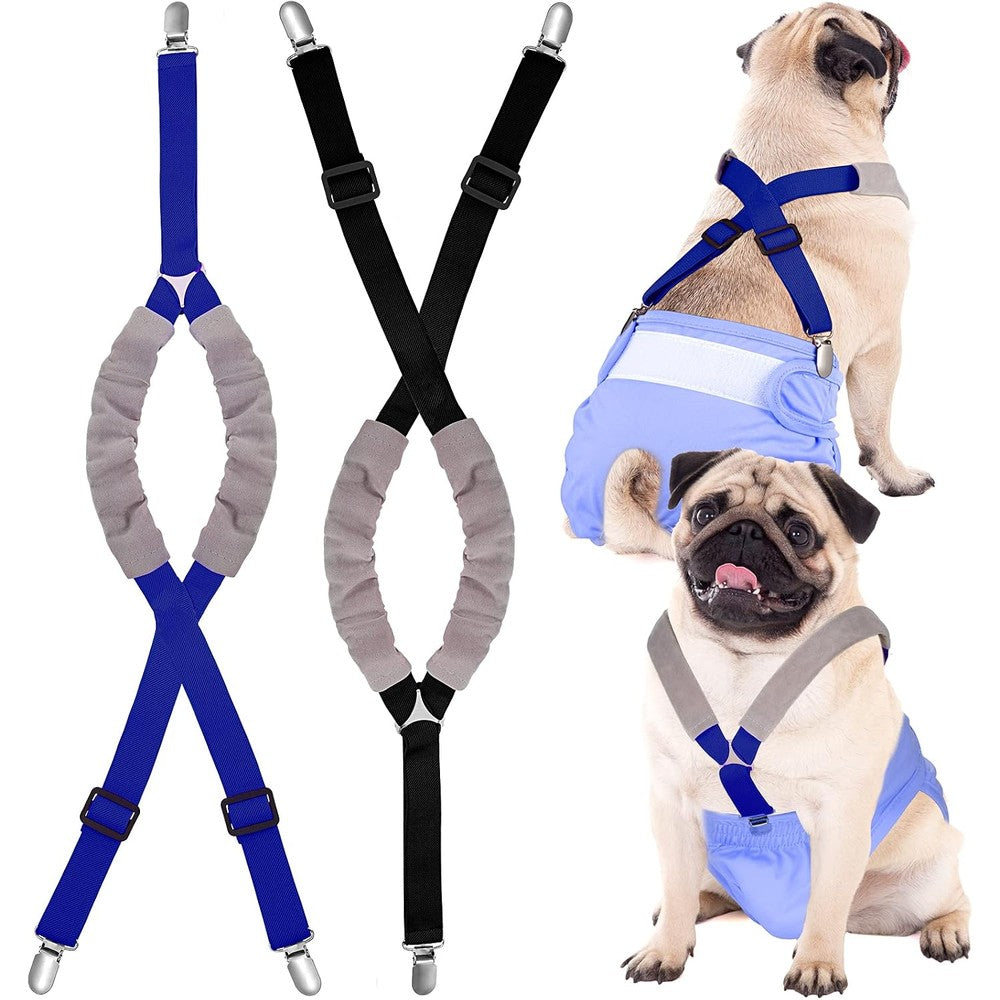 Saintrygo Adjustable Dog Diaper Suspenders Belly Band Canine Harness For Female And Male Pets Washable Diaper Keeper Two Pack Black And Blue Medium