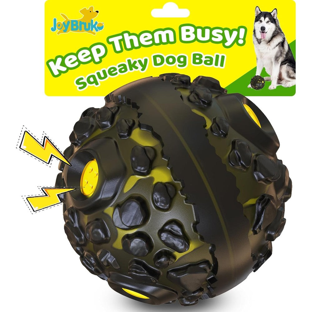 JoyBruko Dog Ball For Aggressive Chewers Interactive Squeaky Toy For Small Medium Large Breeds Black And Yellow Durable Rubber