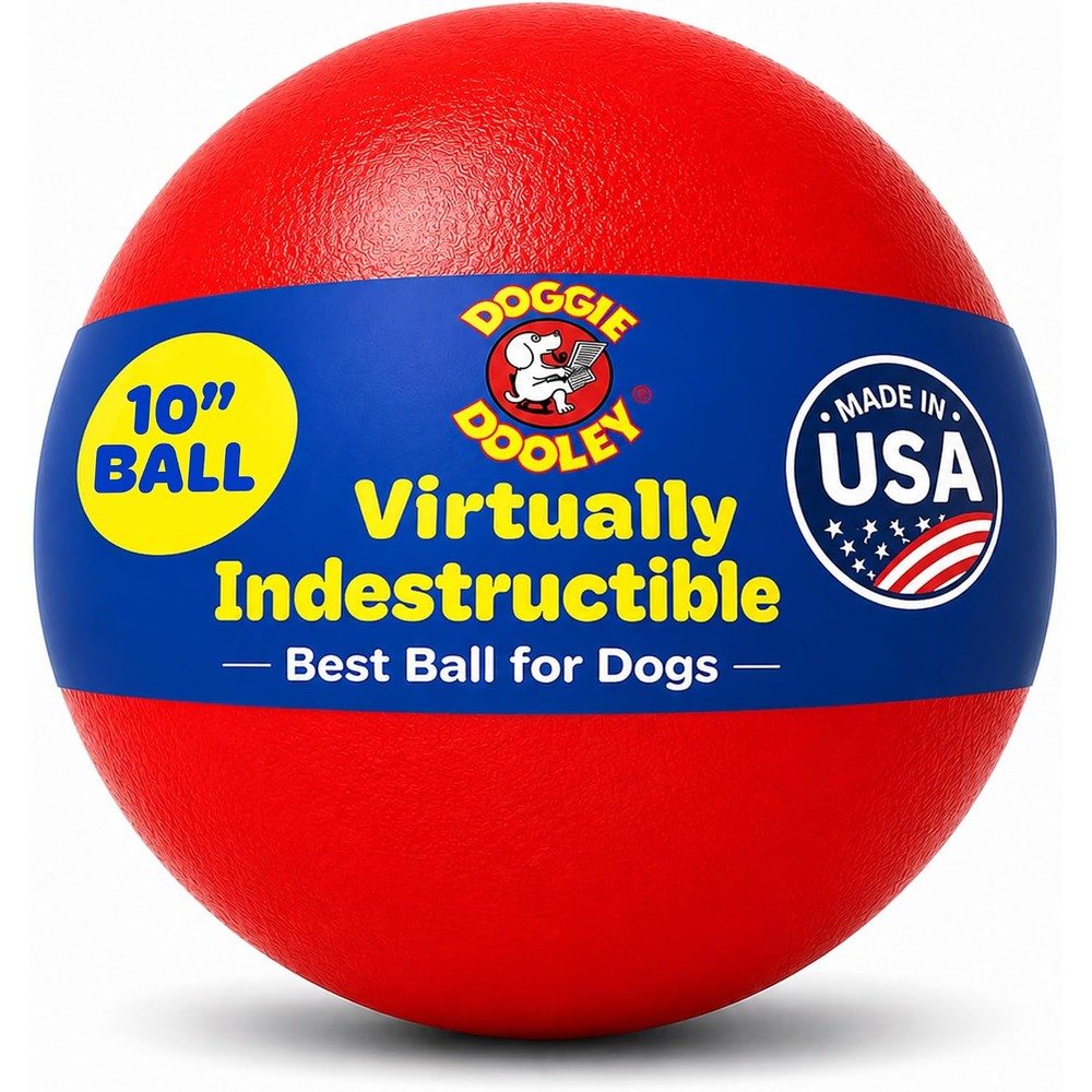 Doggie Dooley Virtually Indestructible Dog Ball 10 Inch Red Hard Plastic Interactive Toy For Large Breeds Over 45 Pounds Made In United States