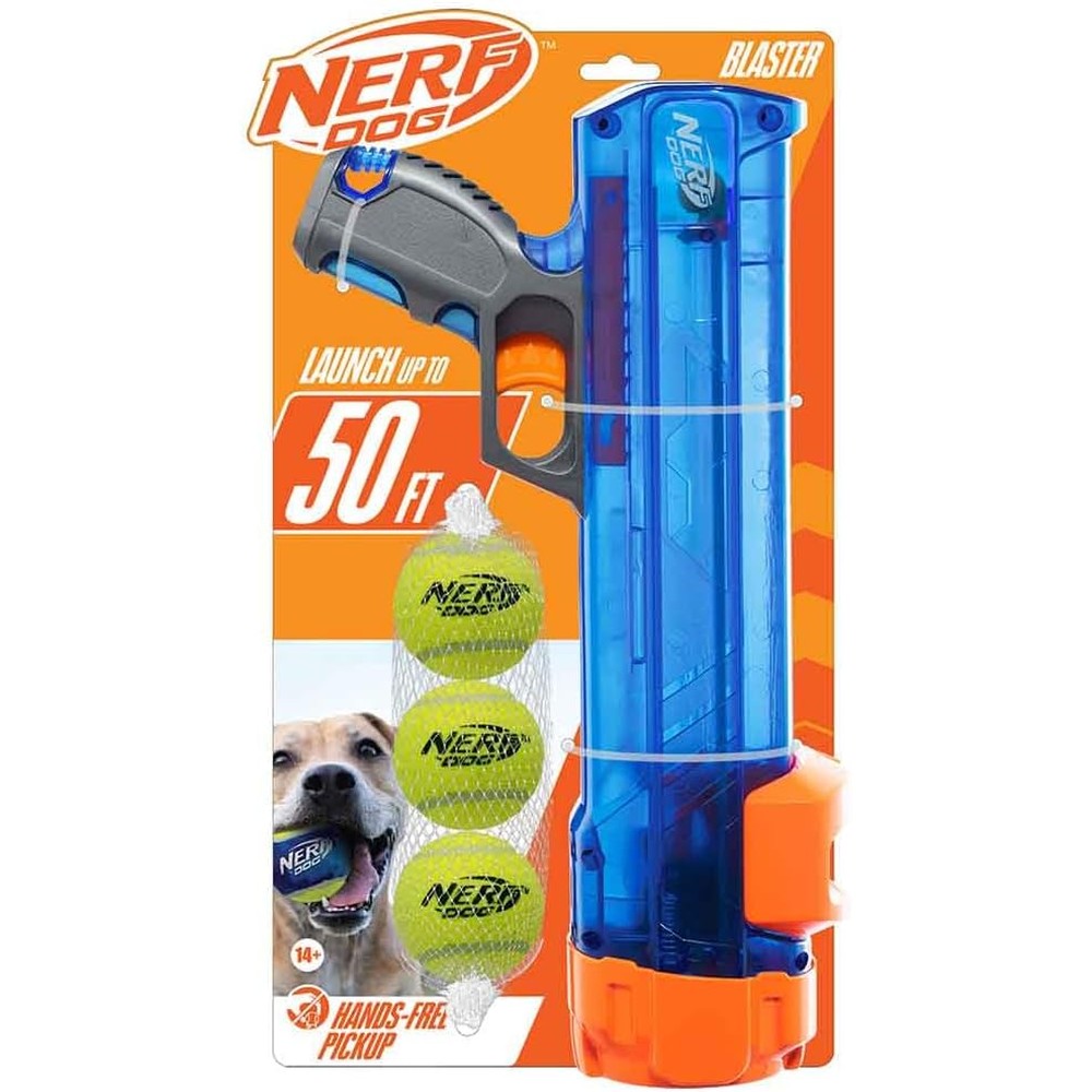 Nerf Dog Tennis Ball Blaster Gift Set With 3 Dog Fetch Balls Translucent Blue Interactive Outdoor Toy For All Breed Sizes