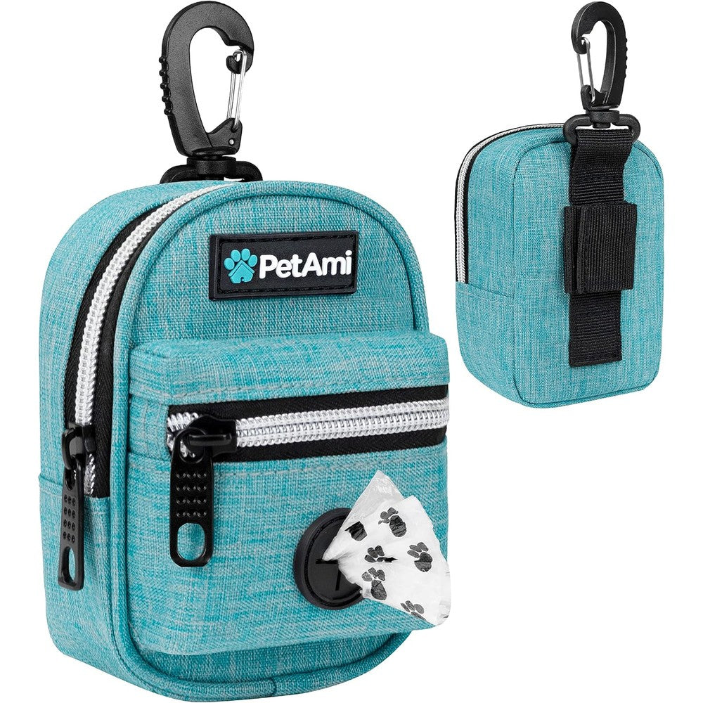 PetAmi Dog Poop Bag Holder For Leash And Pet Waste Bag Dispenser With Carabiner Clip And Treat Training Pouch For Walking Camping, Teal Blue