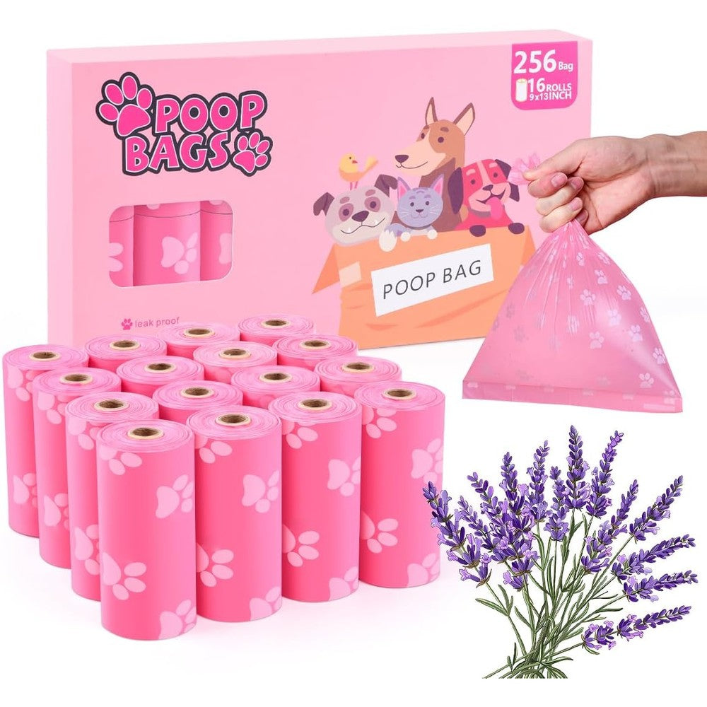 PPEIWASTE Dog Poop Bags Rolls 256 Count Lavender Scented Pink Thickened Leakproof Pet Waste Bags 9x13 Inches For Daily Walking And Travel