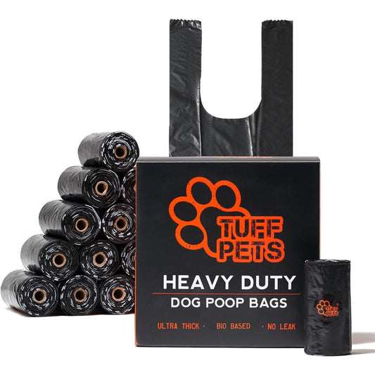 Tuff Pets Heavy Duty Dog Poop Bag With Handles Ultra Thick Twenty Microns Leakproof Unscented Waste Bags Black Sixteen Rolls One Hundred Sixty Bags