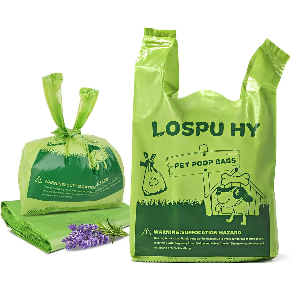Lospu HY Dog Poop Bags With Handles Extra Thick Leak Proof Lavender Scented Plant Based Waste Bags For Dogs And Cats 100 Count
