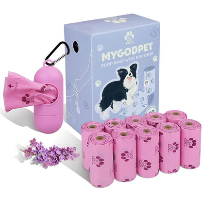 MYGODPET Biodegradable Dog Poop Bags Rolls With Holder Lavender Scented Leak Proof Pet Waste Trash Bags For Dogs And Cats Purple 150 Count