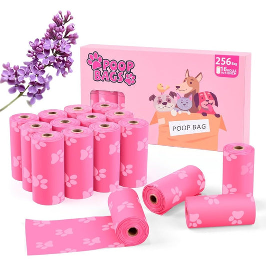 LIAYLILI Eco Friendly Dog Poop Bags Lavender Scented Thickened Leakproof Pet Waste Disposal Rolls Pink 9 By 13 Inches 256 Count