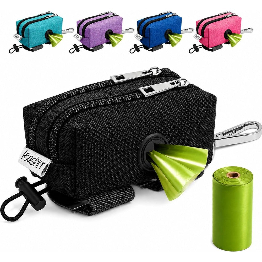 Leashrr 2.0 Dog Poop Bag Holder and Treat Dispenser for Leashes with Two Waterproof Pouches and One Free Roll Variant Black