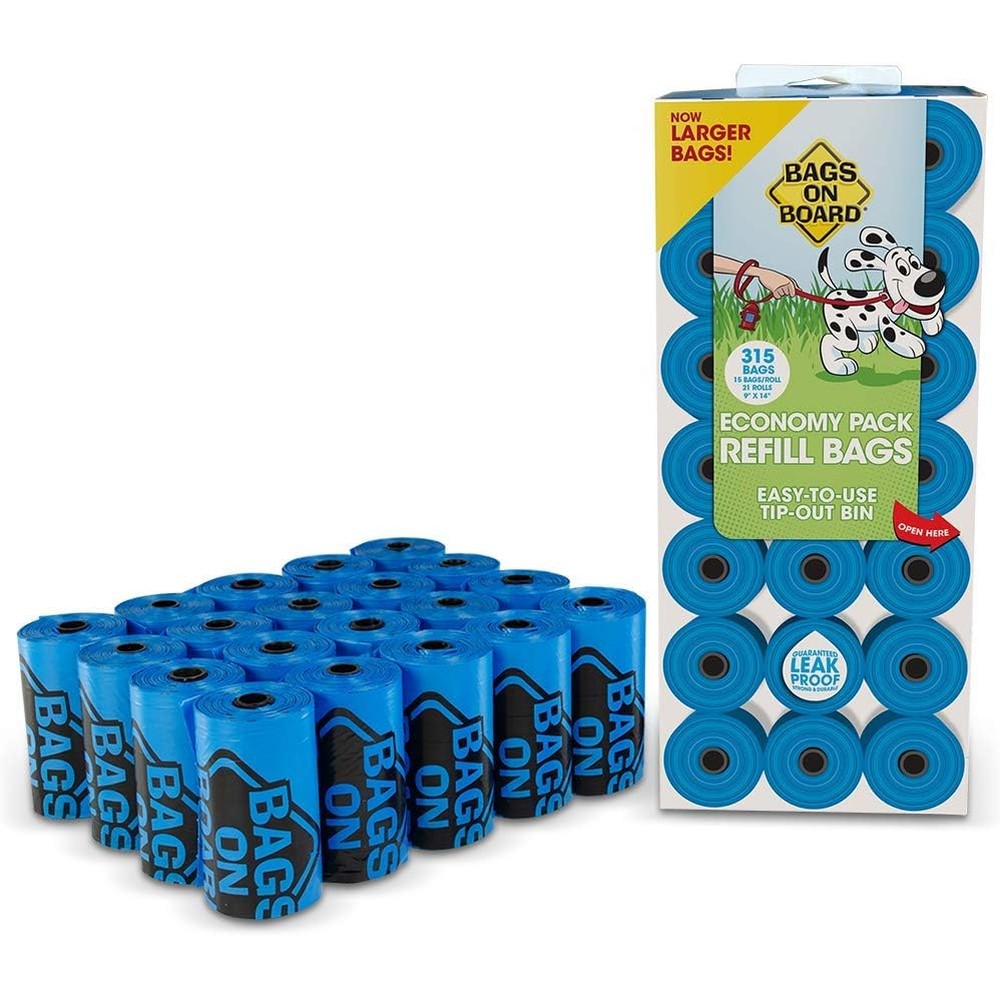 Bags On Board Dog Poop Bags Strong And Leak Proof Dog Waste Bags Classic Blue 9 x 14 Inches 315 Count Economy Refill Pack