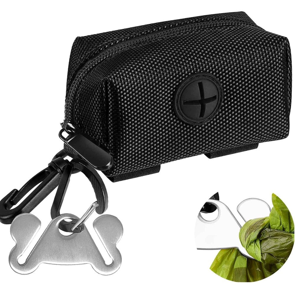 Hilihali Dog Waste Bag Dispenser And Pet Poop Bags Holder Soft Fabric Zippered Pouch For Leash Attachment With Hands Free Carrier Black