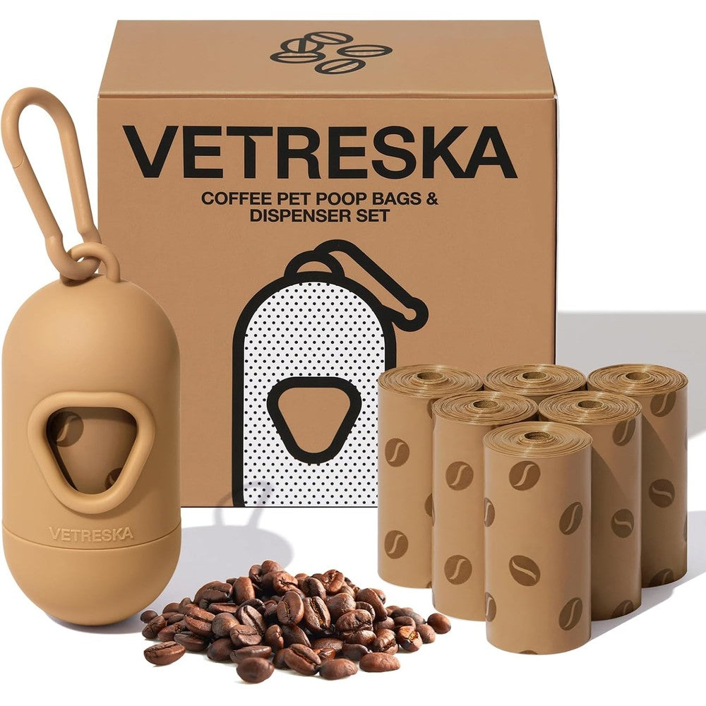VETRESKA Dog Poop Bags Dispenser With Coffee Scented Waste Bags Extra Thick Leak Proof 1 Holder And 105 Count For Dogs And Cats
