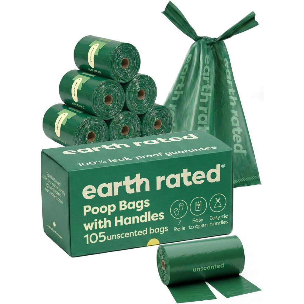Earth Rated Dog Poop Bags With Tie Handles On Refill Rolls Extra Wide Easy Tie Opening Guaranteed Leak Proof Unscented One Hundred Five Count