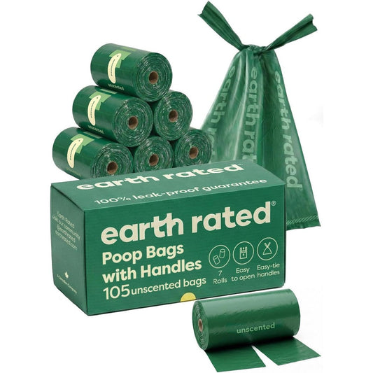 Earth Rated Dog Poop Bags With Tie Handles On Refill Rolls Extra Wide Easy Tie Opening Guaranteed Leak Proof Unscented One Hundred Five Count