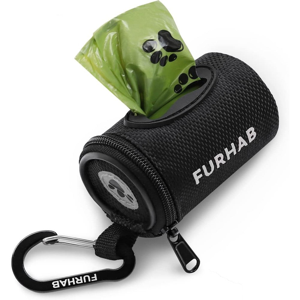 FURHAB Dog Poop Bag Holder Doggie Waste Bag Dispenser For Leash 1680D Nylon Oxford Fabric Small Zipper Pouch With Carabiner Clip Black 15 Count Roll