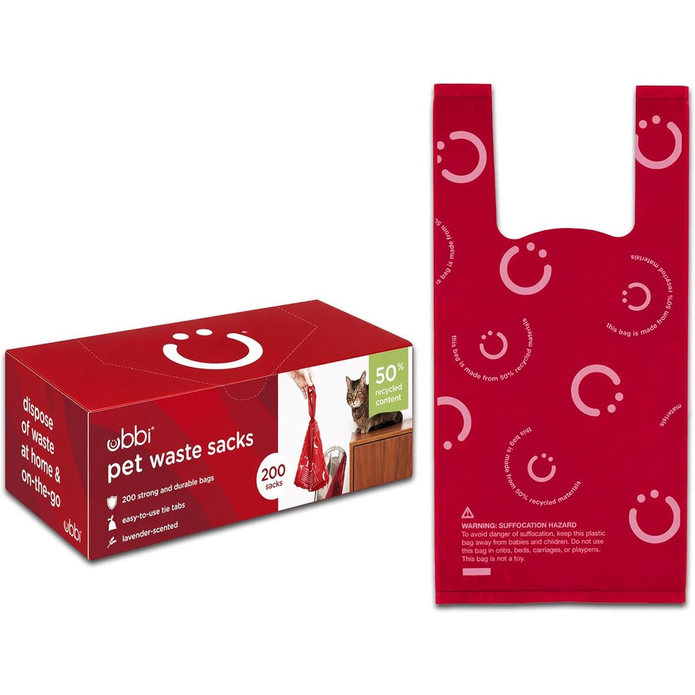Ubbi Pet Waste Sacks Lavender Scented Cat Litter Disposal Bags Leak Proof Heavy Duty Waste Bags With Easy Tie Tabs Red Color 200 Count Pack Of 1