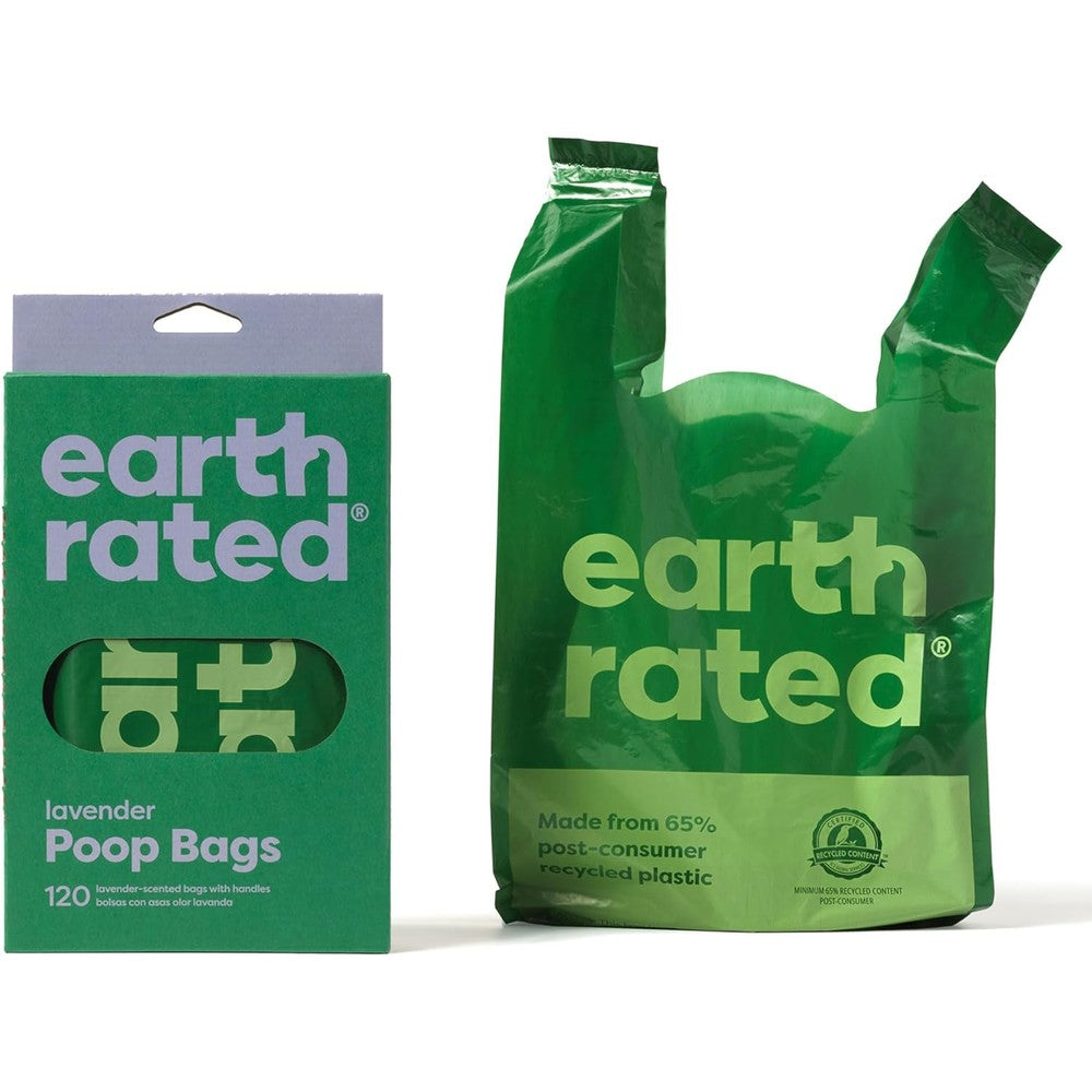 Earth Rated Dog Poop Bags With Handles Extra Wide Easy Tie Lavender Scented One Hundred And Twenty Count Box