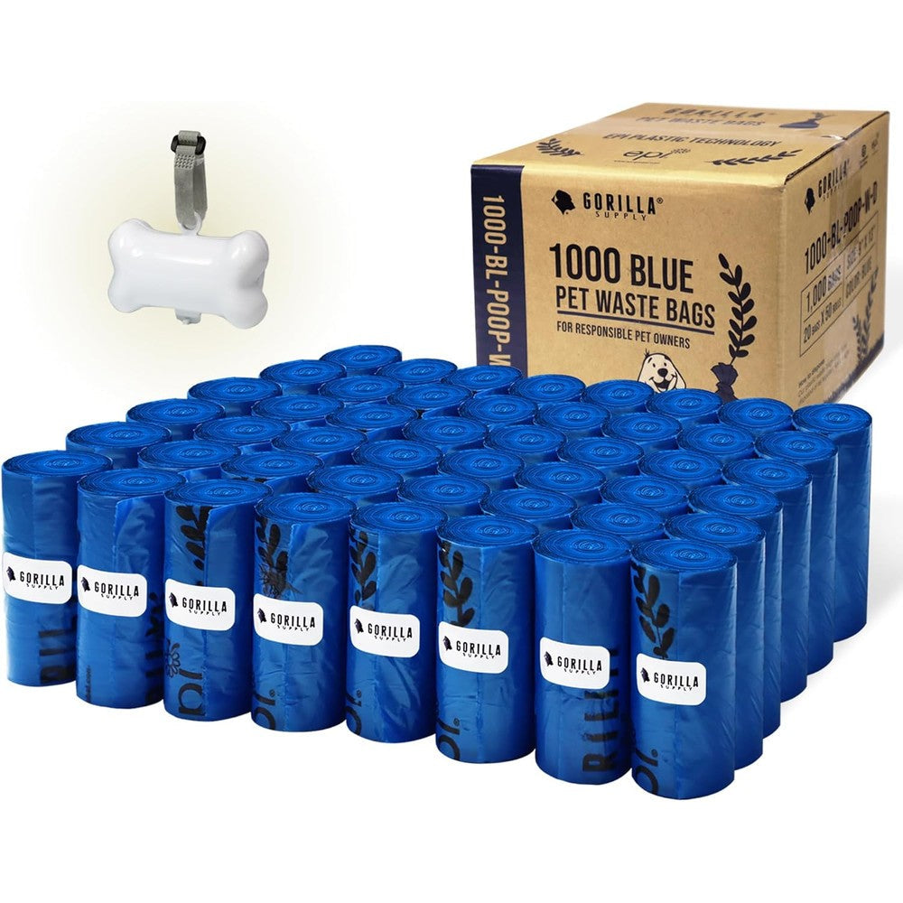 Gorilla Supply Large Dog Poop Waste Bags With Patented Bone Dispenser And Leash Tie Waterproof Leakproof Unscented Blue 1000 Count