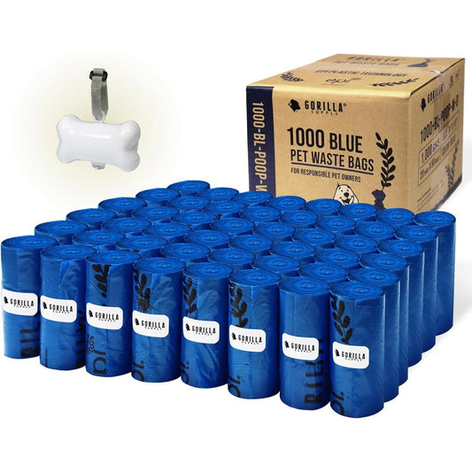 Gorilla Supply Large Dog Poop Waste Bags With Patented Bone Dispenser And Leash Tie Waterproof Leakproof Unscented Blue 1000 Count