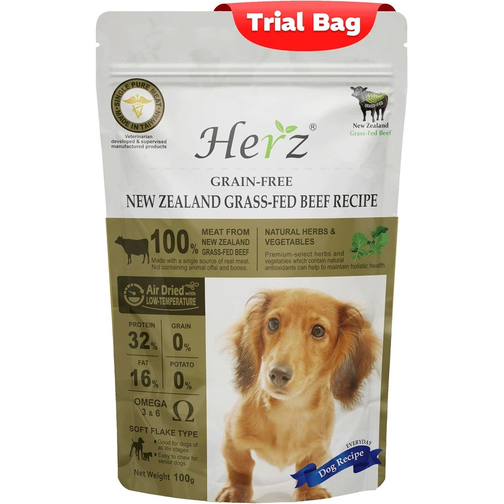 Herz Air-Dried Dog Food New Zealand Grass-Fed Beef Recipe Single Pure-Meat Grain Free High Protein Premium Pet Diet 3.5 Ounce Trial Bag