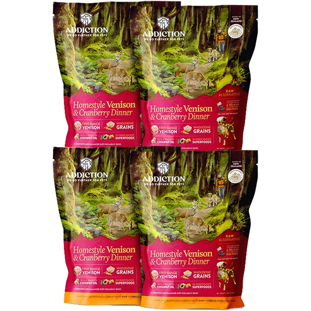 Addiction Homestyle Venison And Cranberry Dinner Air Dried Grain Free Dog Food And Topper For Sensitive Stomachs Two Pounds Four Packs