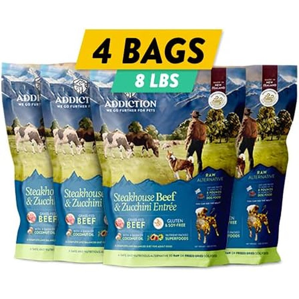 Addiction Steakhouse Beef And Zucchini Air Dried Grain Free Dog Food Complete Meal Or Topper With Natural Ingredients 2 Pound 4 Packs
