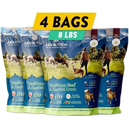 Addiction Steakhouse Beef And Zucchini Air Dried Grain Free Dog Food Complete Meal Or Topper With Natural Ingredients 2 Pound 4 Packs