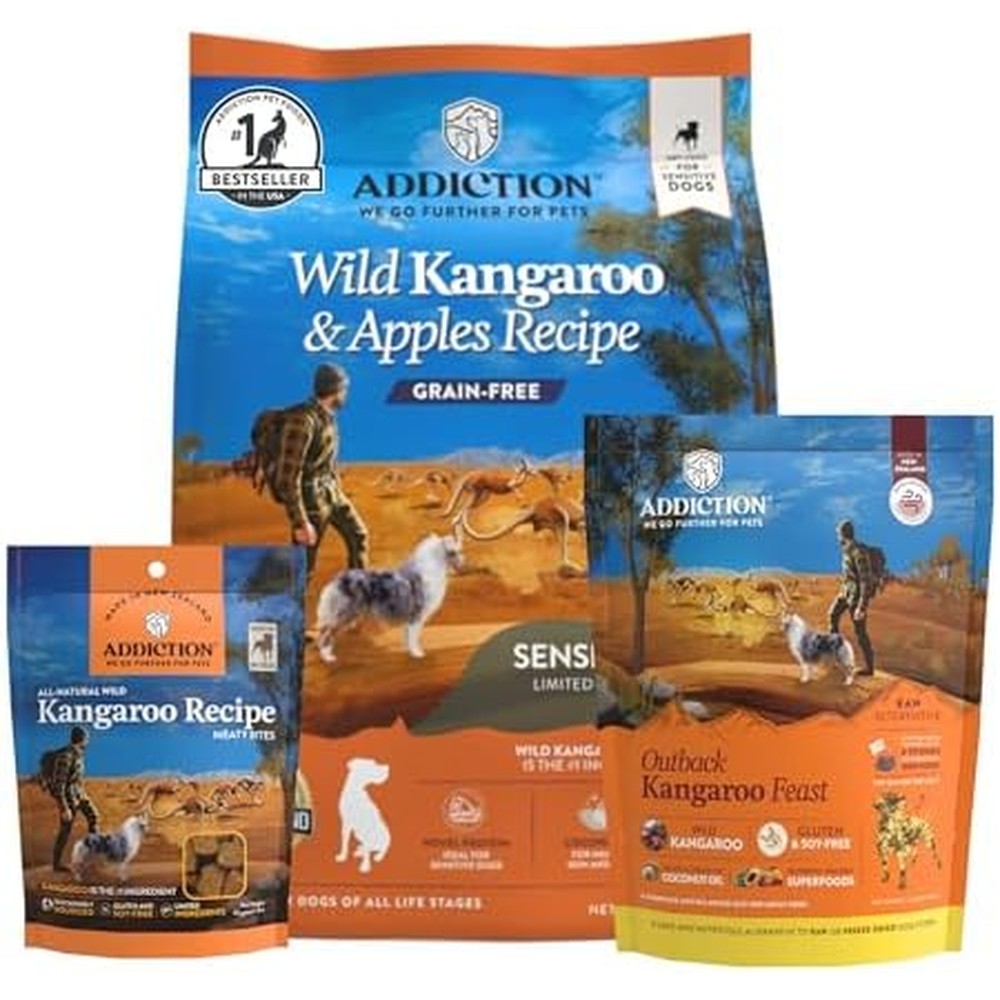 Addiction Wild Kangaroo and Apples Dry Dog Food Four Pound with Meaty Bites Dog Treats Four Ounce and Outback Kangaroo Feast Air-Dried Dog Food Two...