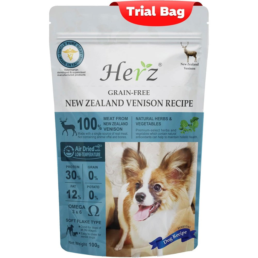 Herz Air Dried Dog Food New Zealand Venison Recipe Grain Free Single Protein Limited Ingredient Soft Flake Canine Formula Three Point Five Ounce Tr...