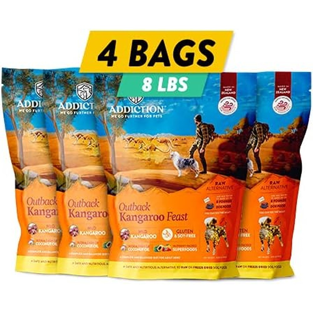 Addiction Outback Kangaroo Feast Air-Dried Grain-Free Dog Food Complete Meal And Topper For Sensitive Skin And Coat Health Two Pounds Four Packs