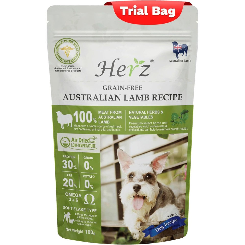 Herz Air-Dried Dog Food Australian Lamb Recipe Single Pure Meat Grain Free Limited Ingredient Canine Cuisine Three Point Five Ounce Trial Bag