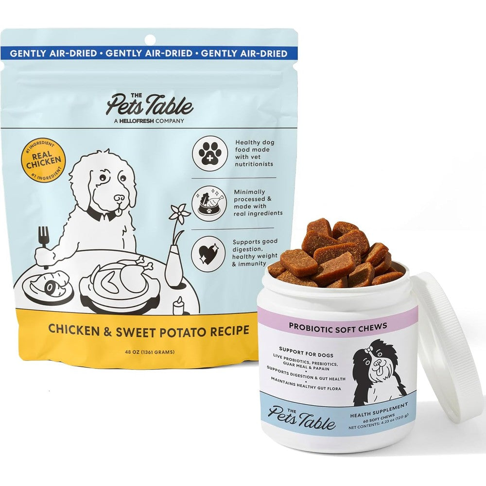The Pets Table Bundle of Chicken And Sweet Potato Air-Dried Dog Food 48 Ounce Bag And Probiotic Soft Chews Duck Flavor Gut Health Supplement 60 Count