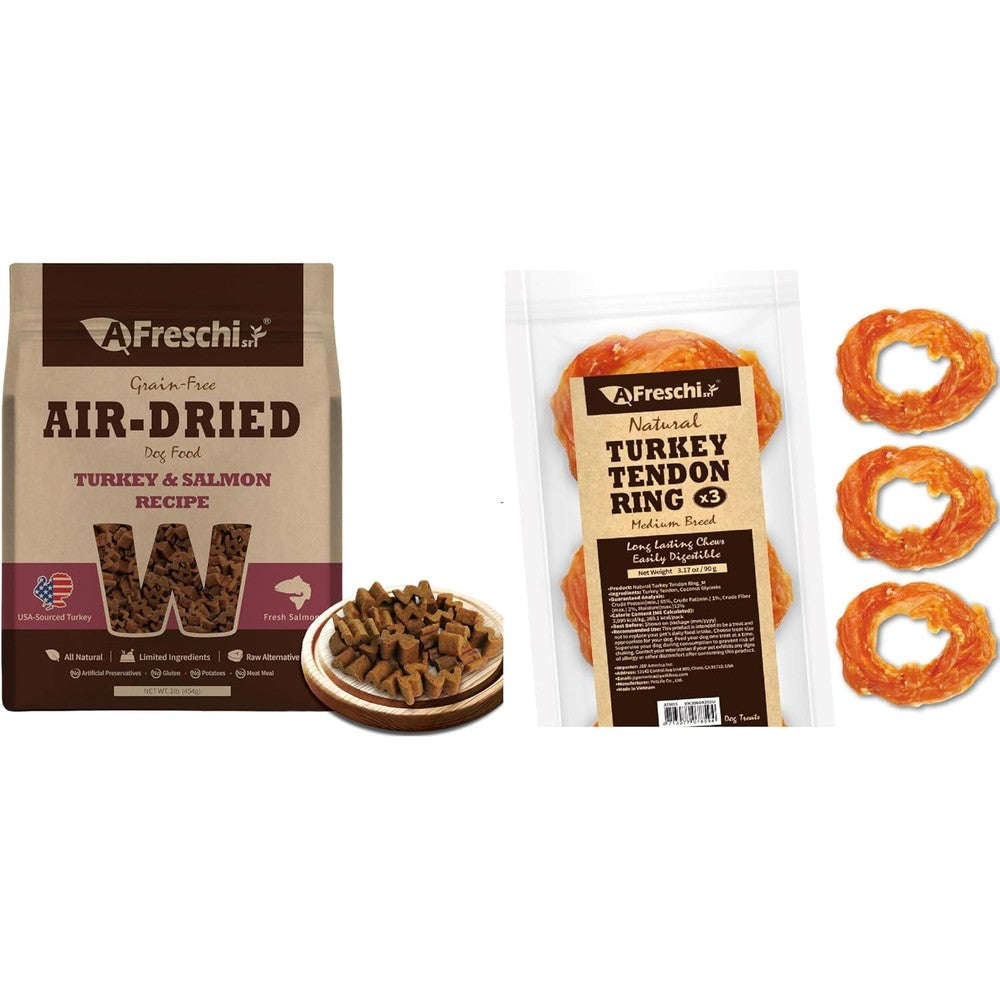 A Freschi Srl Turkey Dog Treats And Food Bundle Sourced In The United States Of America Medium Turkey Tendon Rings Three Pack And High Protein Air ...