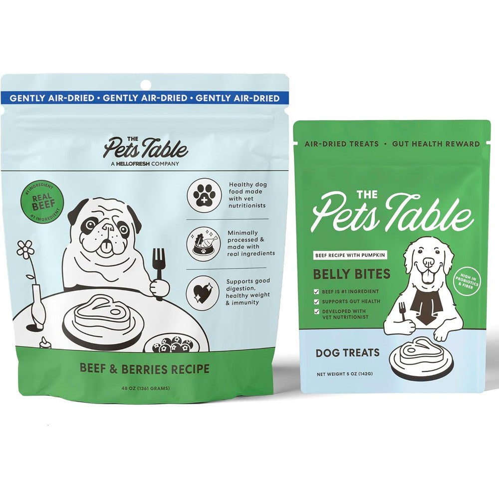 The Pets Table Beef And Berries Grain-Free Air-Dried Dog Food Forty-Eight Ounce Bag And Beef Limited Ingredient Air-Dried Dog Treats Five Ounce Bag