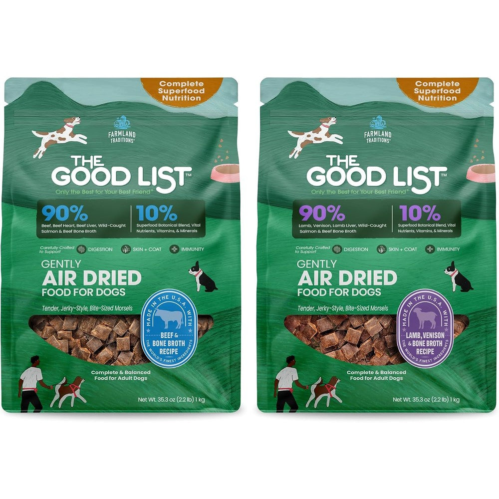 Farmland Traditions The Good List Air-Dried Dog Food Beef and Bone Broth and Lamb Venison and Bone Broth Bundle High-Protein Grain-Free 4.4 Pounds