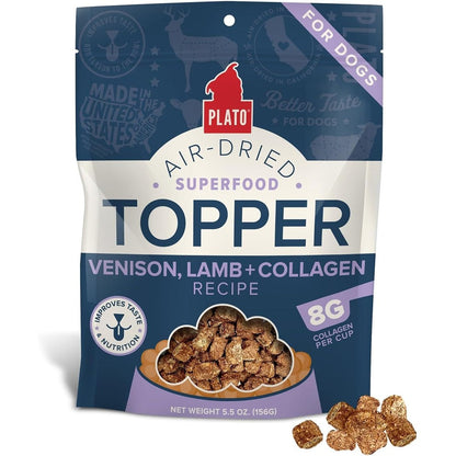 Plato Pet Treats Air Dried Dog Food Toppers Venison Lamb And Collagen Recipe Superfood Meal Mixer For Skin And Coat Health 5.5 Ounce