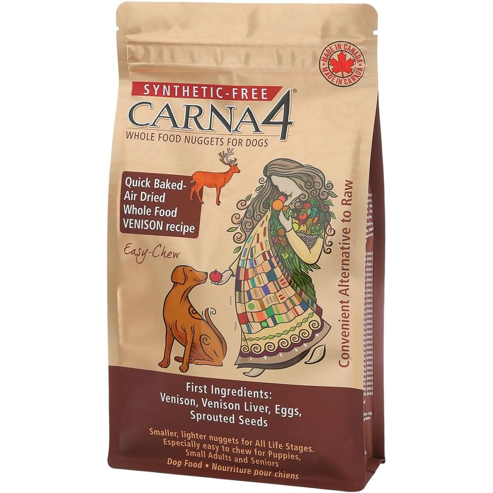 Carna4 Air Dried Dog Food Venison Recipe Quick Baked Whole Food Nutrition With Sprouted Seeds Synthetic Free Easy Chew Formula 2.2 Pounds