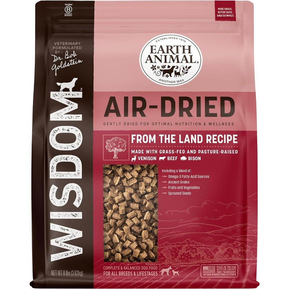 Earth Animal Wisdom Air Dried Dog Food From The Land Recipe Premium Natural Dry Dog Food For All Breeds And Ages 8 Pounds Bag