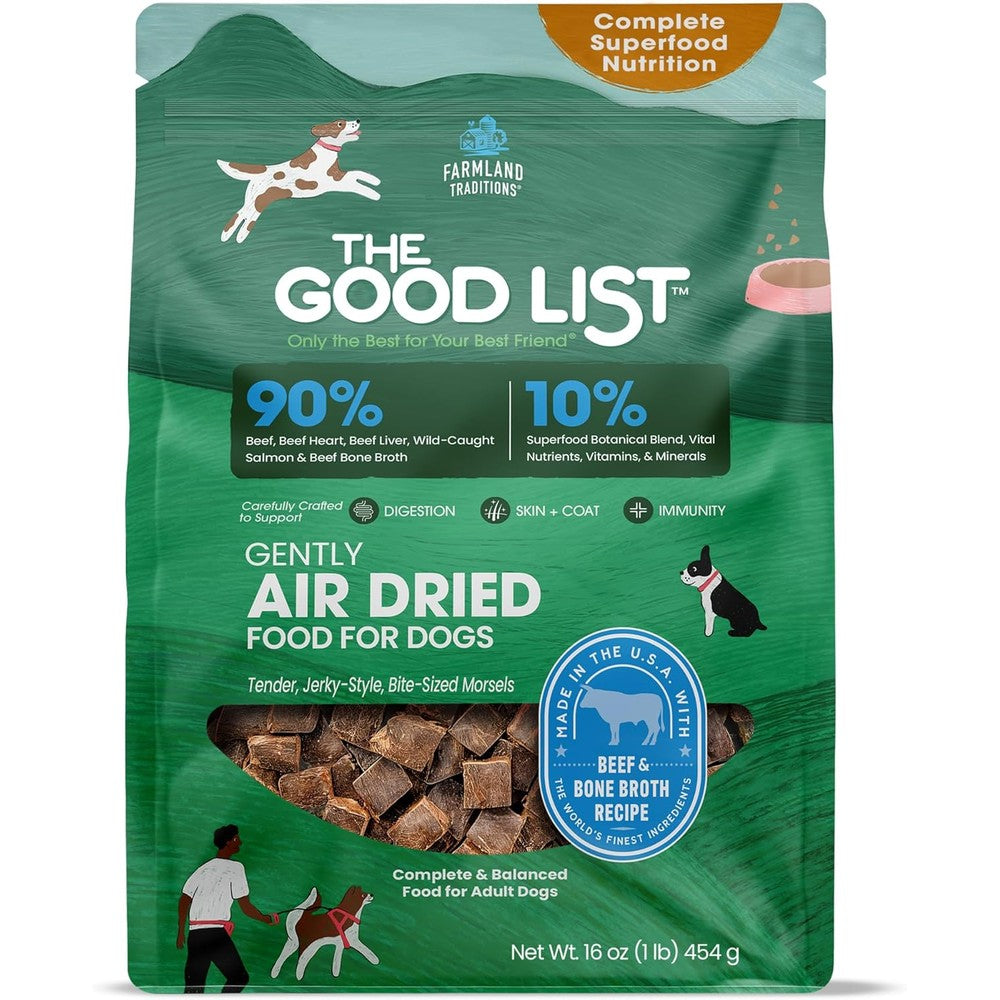 Farmland Traditions The Good List Air-Dried Dog Food Premium Beef And Bone Broth Recipe Grain-Free Formula 1 Pound Bag