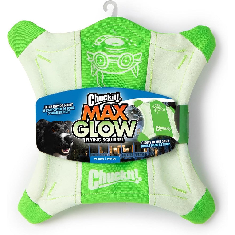 Chuckit! Flying Glow Squirrel Fetch Dog Toy, 10.5 Inch Medium Size Glow In The Dark Aerodynamic Outdoor Dog Toy For All Breeds