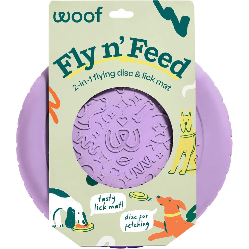 Woof Fly N' Feed 2-In-1 Interactive Flying Disc And Lick Mat For Dogs, Durable Tooth-Friendly Rubber, Lavender Color