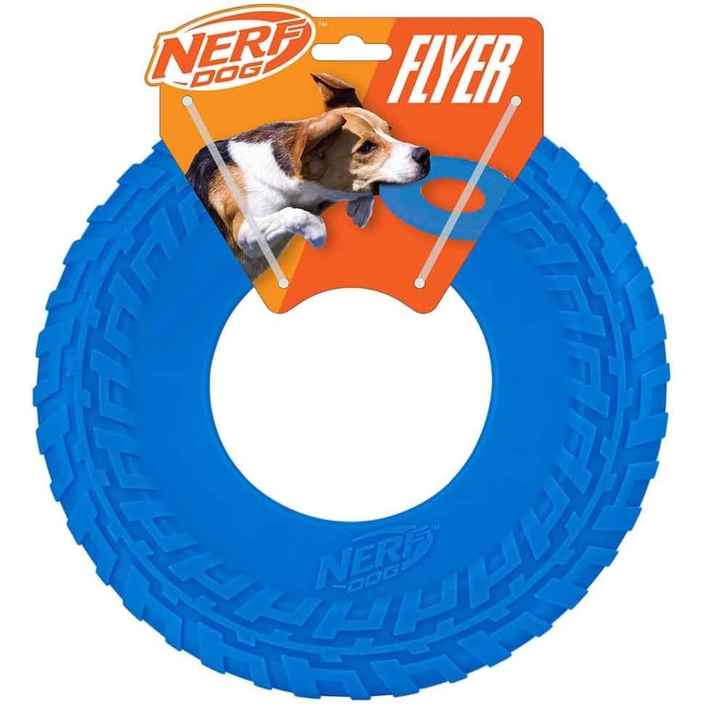 Nerf Dog Tire Flyer Outdoor Flying Disc Toy For Medium And Large Dogs, Durable Rubber Fetch Frisbee, 10 Inch Diameter, Blue
