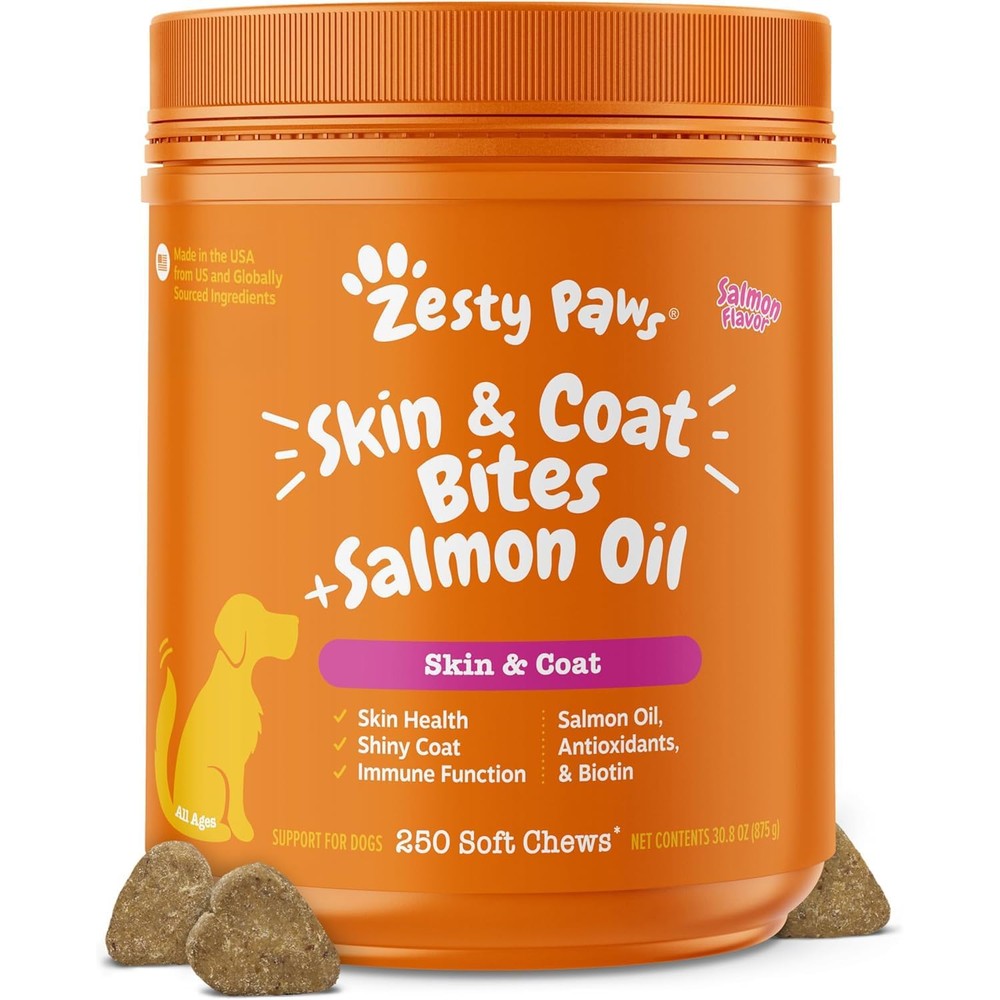 Zesty Paws Salmon Oil Skin And Coat Bites Omega 3 Fish Oil Dog Allergy Relief Itch Supplement Soft Chews Salmon Flavor 250 Count