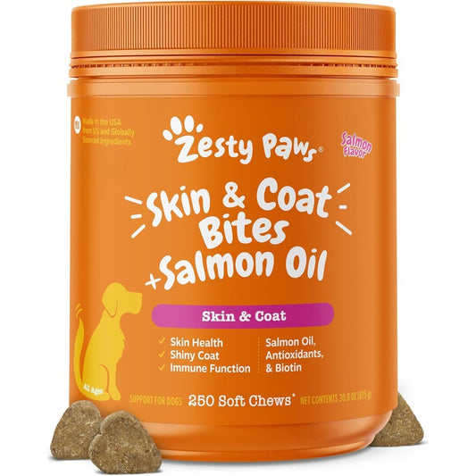 Zesty Paws Salmon Oil Skin And Coat Bites Omega 3 Fish Oil Dog Allergy Relief Itch Supplement Soft Chews Salmon Flavor 250 Count