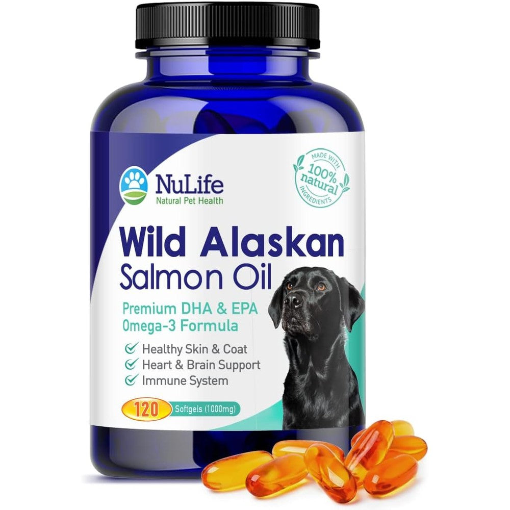 NuLife Natural Pet Health Pure Wild Alaskan Salmon Oil For Dogs Omega 3 Fish Oil Supplement For Skin Allergies And Shiny Coat 120 Soft Capsules