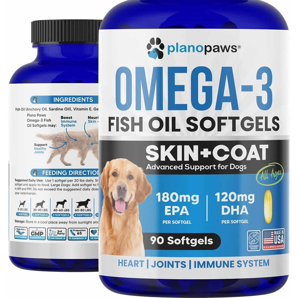 Planopaws Omega 3 Fish Oil For Dogs Salmon Oil Supplement For Shedding And Allergy Itch Relief Rich In EPA And DHA Skin And Coat Support 90 Softgels