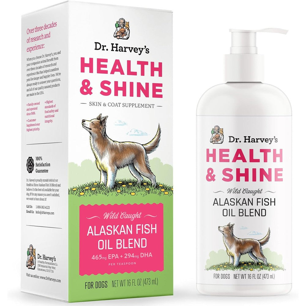 Dr. Harvey's Health & Shine Alaskan Fish Oil Blend For Dogs Omega 3 Liquid Supplement Sourced From Wild Pollock Salmon Krill Sixteen Fluid Ounces