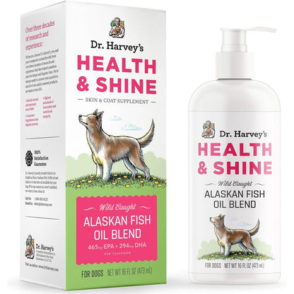 Dr. Harvey's Health & Shine Alaskan Fish Oil Blend For Dogs Omega 3 Liquid Supplement Sourced From Wild Pollock Salmon Krill Sixteen Fluid Ounces