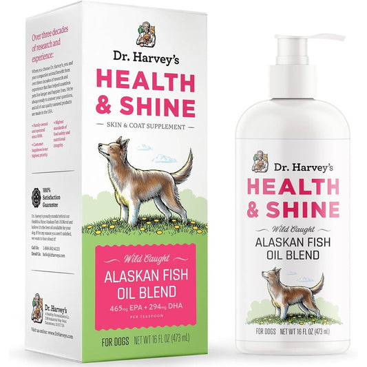 Dr. Harvey's Health & Shine Alaskan Fish Oil Blend For Dogs Omega 3 Liquid Supplement Sourced From Wild Pollock Salmon Krill Sixteen Fluid Ounces